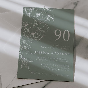 Sage & Silver Floral Line Art 90. Geburtstag Folieneinladung