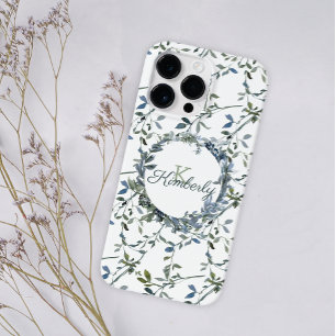 Sage Silver Green Floral Monogram Name Case-Mate iPhone Hülle