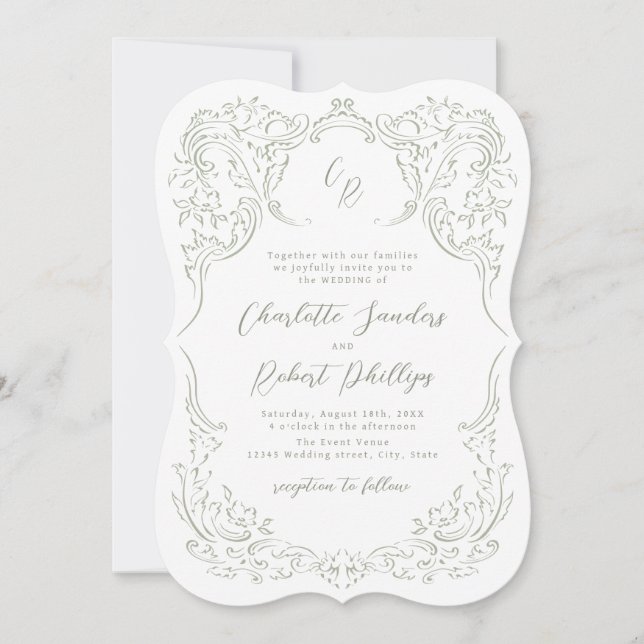 Sage Sketched Vintag Geblüht Monogram Wedding Einladung (Vorderseite)
