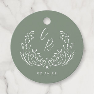 Sage Sketched Vintag Geblüht Monogram Wedding Geschenkanhänger