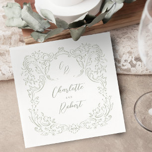 Sage Sketched Vintag Geblüht Monogram Wedding Serviette