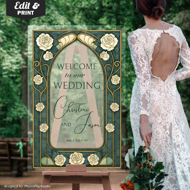 Sage Stained Glass Floral Wedding Welcome  Acrylschild (Sage Stained Glass Floral Wedding Welcome Acrylic Art Nouveau Sign Frosted Look Sign)