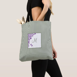 Sage Stripe Lila Floral Initial Script Monogram Tasche
