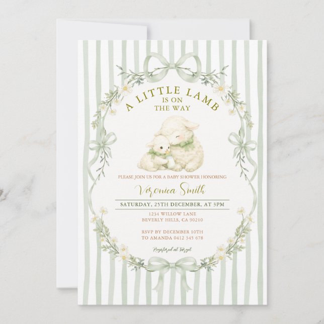 Sage Stripe Little Lamb Baby Shower Invitation Einladung (Vorderseite)