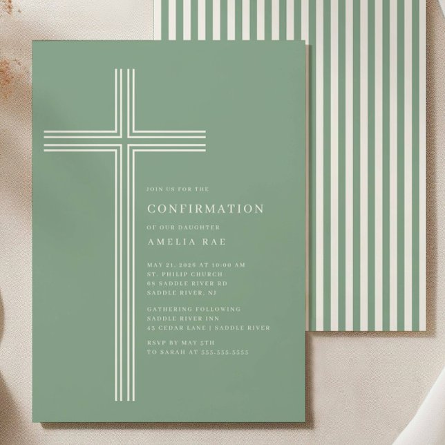 Sage Striped Cross Confirmation Invitation Einladung (Von Creator hochgeladen)