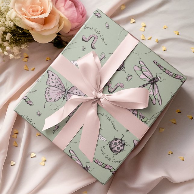 Sage Sweet Little Critter Feminine Blush Pink Geschenkpapier (An adorable, feminine yet whimsical Insect Wrapping Paper pattern for baby girls or mothers-to-be :))