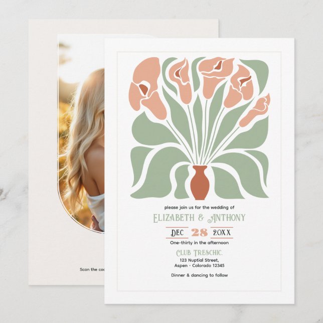 Sage & Terracotta Abstract Floral Boho Wedding Einladung (Vorne/Hinten)