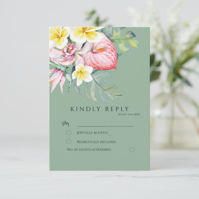 Sage Tropical Floral Botanical Wedding RSVP Karte (Stehend Vorderseite)
