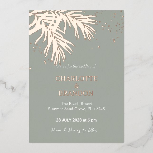 Sage Tropical Palm Blätter Hochzeit Gold Folieneinladung (Vorderseite)
