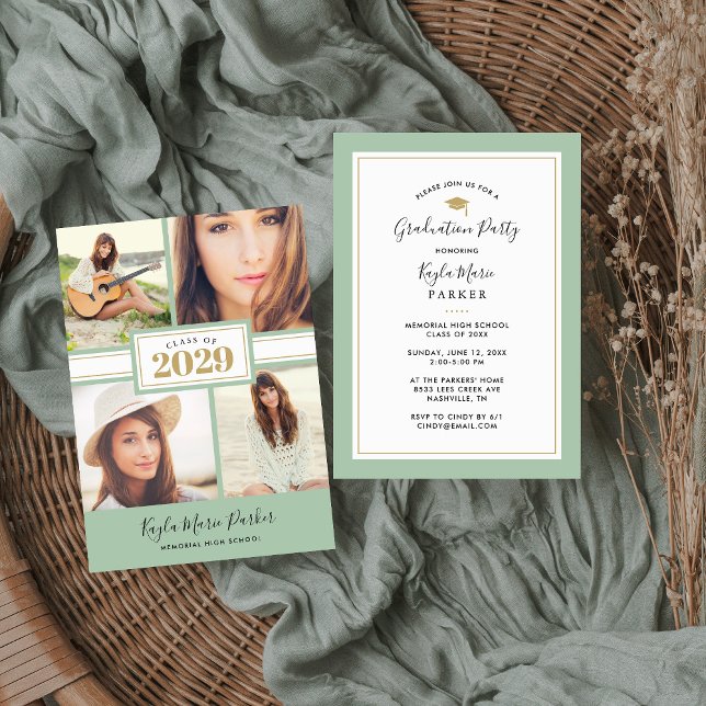 Sage und Gold | 4 Foto Abschluss Einladung (Von Creator hochgeladen)