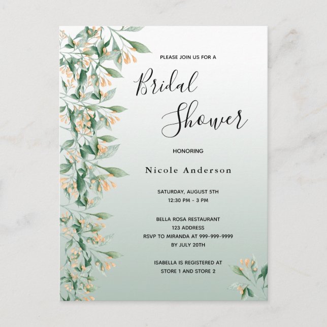 Sage vert or fleuri nuptiale invitation douche (Devant)