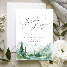 Sage Watercolor Mountain Forest Rustic Wedding Save The Date