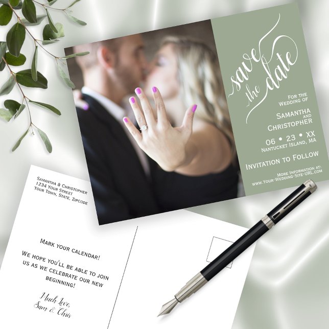 Sage Wedding Save the Date Foto & Kalligrafie Ankündigungspostkarte (Von Creator hochgeladen)