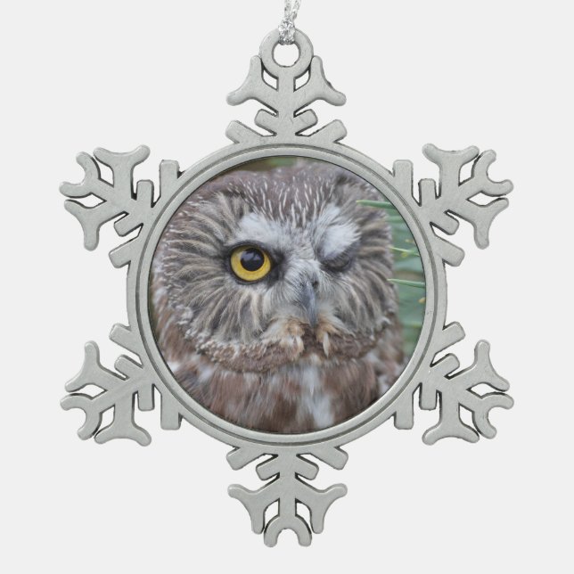 Säge-whet Eule Schneeflocken Zinn-Ornament (Vorderseite)