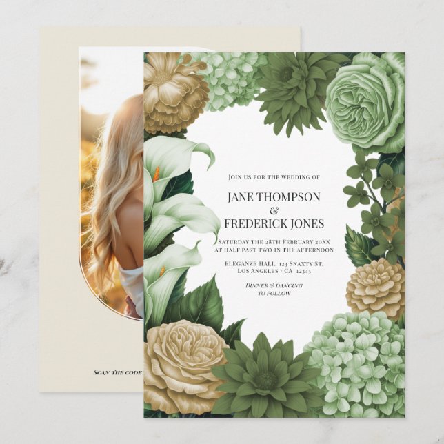 Sage Whisper, Olive Quartz & Dune Wheat Wedding Einladung (Vorne/Hinten)