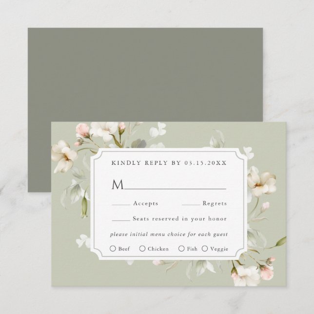 Sage White Blush Elegante Blues Wedding RSVP Karte (Vorne/Hinten)