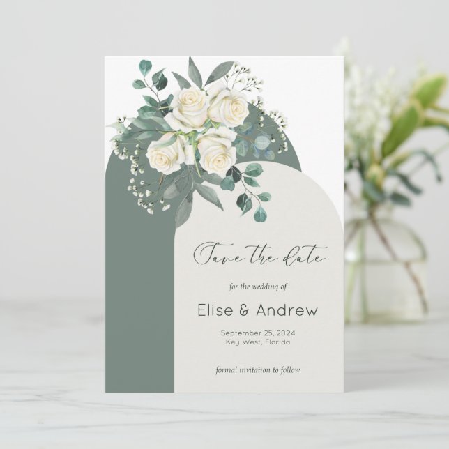 Sage & White Roses Arch Cadre Faire-part de sauveg (Debout devant)