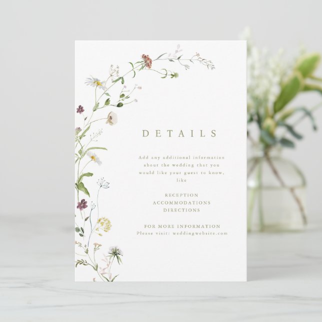 Sage Wildblume Rustic Boho Wedding Details Karte (Stehend Vorderseite)