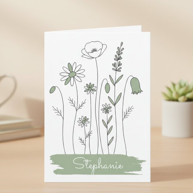 Sage Wildflower – Minimalistisches Geschenk für Si (Simple line art wildflower personalized notecard)