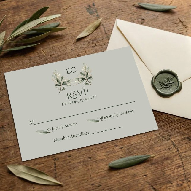 SageGreen Olive Branch Monogram Wedding RSVP Karte (Von Creator hochgeladen)