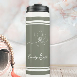 Sagegrün Elfenbein Floral Line Art Gestreift Thermosbecher
