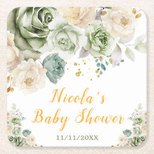 Sagegrün und cremefarbene florale Babyparty Rechteckiger Pappuntersetzer