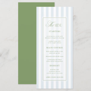Sagegrün und Küstenblau Elegante Streifen Hochzeit Menükarte