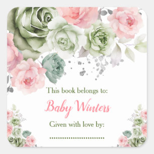 Sagegrün und rosa florale Babyparty-Exlibris Quadratischer Aufkleber