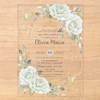 Sagegrüne Blumen-Schmetterlinge Quinceañera Quince Acryleinladungen