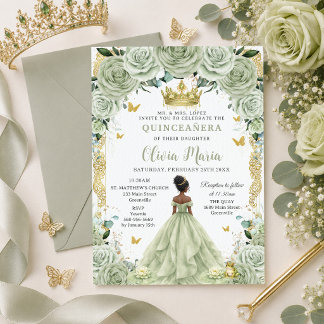 Sagegrüne Blumenprinzessin und Frosch Quinceañera Einladung