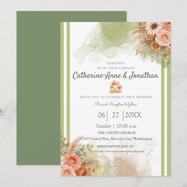 Sagegrüne Botanische Boho-Hochzeit Einladung (Vorne/Hinten)