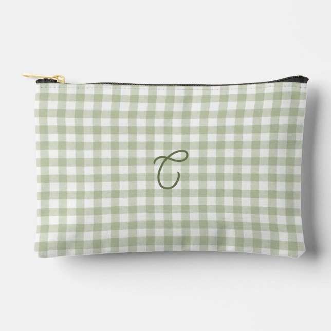Sagegrüner Gingham-Monogramm-Make-up-Beutel  Zubehörtasche (Vorderseite)