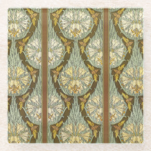 Sagegrünes Art Nouveau-Lilien-Insektenmuster Glasuntersetzer