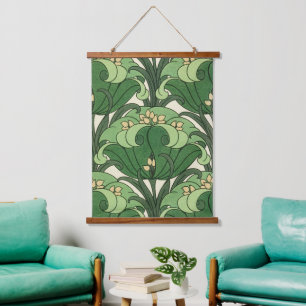 Sagegrünes Art Nouveau Lotus Blumenmuster Wandteppich Mit Holzrahmen