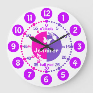 Sagen Sie Zeitmädchen Rosa lila Namenslernenuhr Große Wanduhr