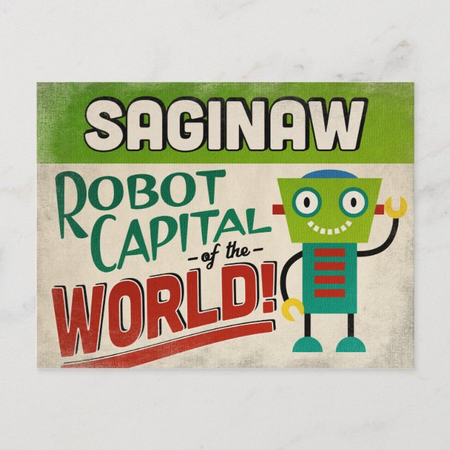 Saginaw Michigan Robot - Funny Vintag Postkarte (Vorderseite)