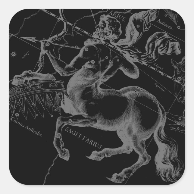 Sagittarius Constellation Hevelius Karte auf Schwa Quadratischer Aufkleber (Vorderseite)