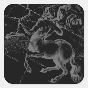 Sagittarius Constellus Hevelius Karte auf Schwarz Quadratischer Aufkleber