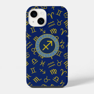 Sagittarius Zodiac+Astrologie Symbole Ptn Gld+Blue iPhone 14 Hülle