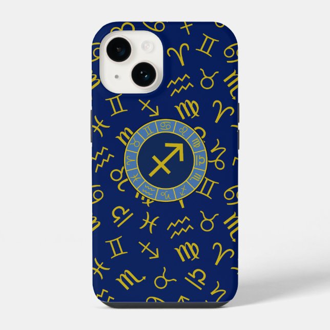 Sagittarius Zodiac+Astrologie Symbole Ptn Gld+Blue iPhone 14 Hülle (Rückseite)
