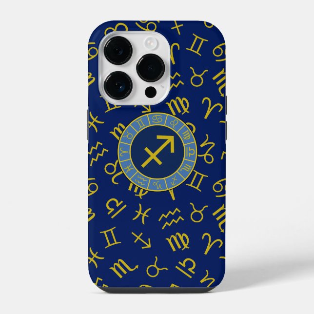 Sagittarius Zodiac+Astrologie Symbole Ptn Gld+Blue iPhone 14 Pro Hülle (Rückseite)