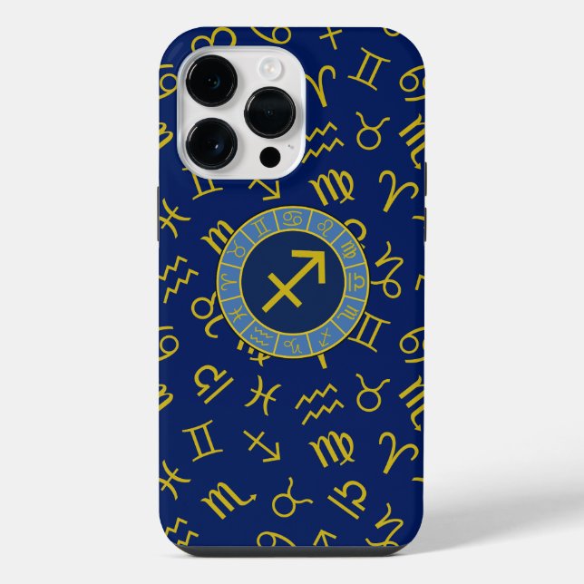 Sagittarius Zodiac+Astrologie Symbole Ptn Gld+Blue iPhone 14 Pro Max Hülle (Rückseite)