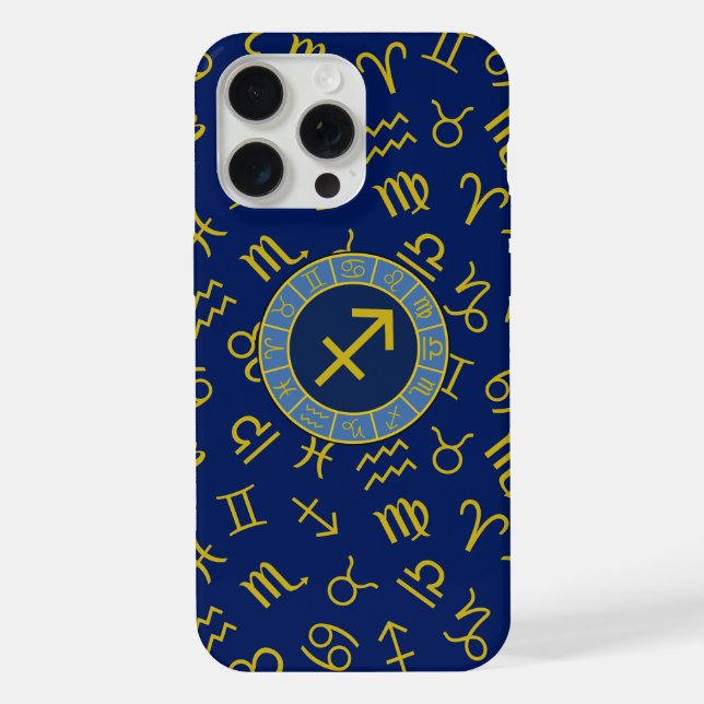 Sagittarius Zodiac+Astrologie Symbole Ptn Gld+Blue iPhone 15 Pro Max Hülle (Rückseite)