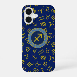 Sagittarius Zodiac+Astrologie Symbole Ptn Gld+Blue iPhone 16 Hülle