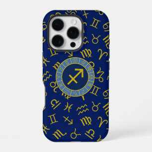 Sagittarius Zodiac+Astrologie Symbole Ptn Gld+Blue iPhone 16 Pro Hülle