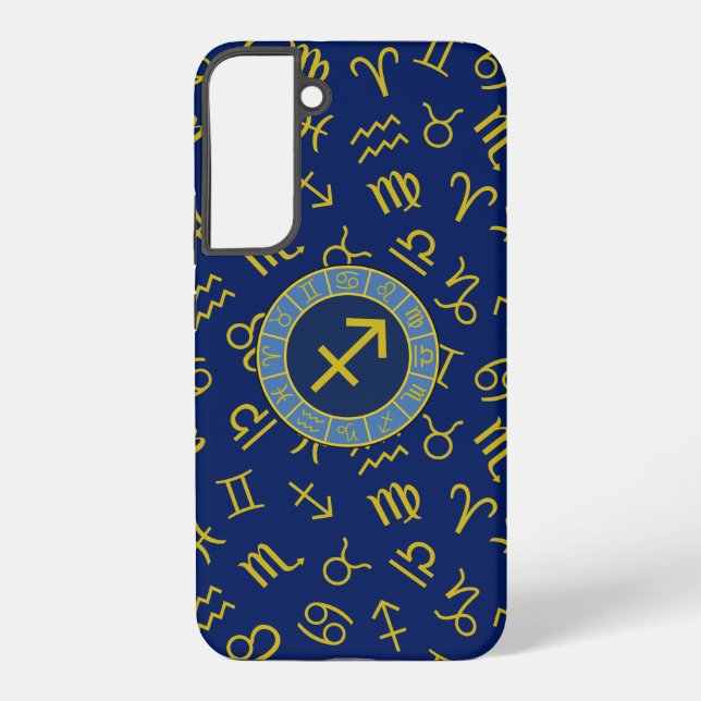 Sagittarius Zodiac+Astrologie Symbole Ptn Gld+Blue Samsung Galaxy Hülle (Rückseite)