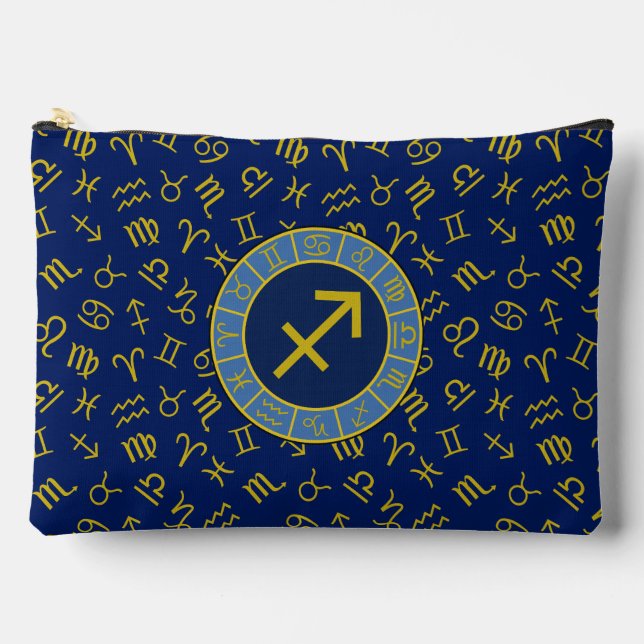 Sagittarius Zodiac+Astrologie Symbole Ptn Gld+Blue Zubehörtasche (Vorderseite)