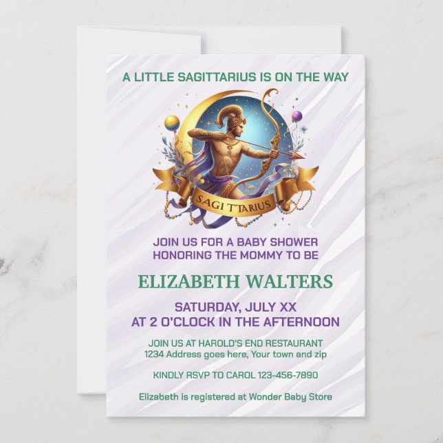 Sagittarius Zodiac Baby Shower Lavender and Green Einladung (Vorderseite)