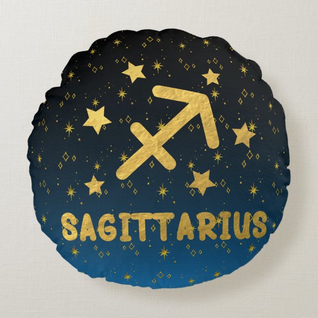 Sagittarius Zodiac Blue und Gold Round Pillow Rundes Kissen (Vorderseite)
