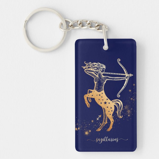 Sagittarius Zodiac Navy Blue Gold Keychain Design Schlüsselanhänger (Vorderseite)